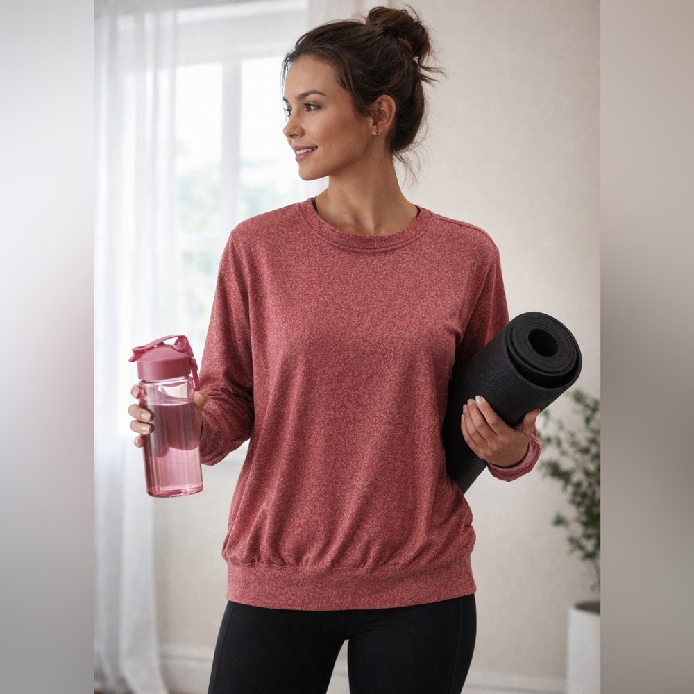 Zenana NWT Buttery Soft Long Sleeve Top Heathered Red Pullover Athleisure Comfy